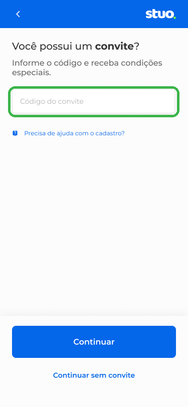 Tela de código de convite no cadastro