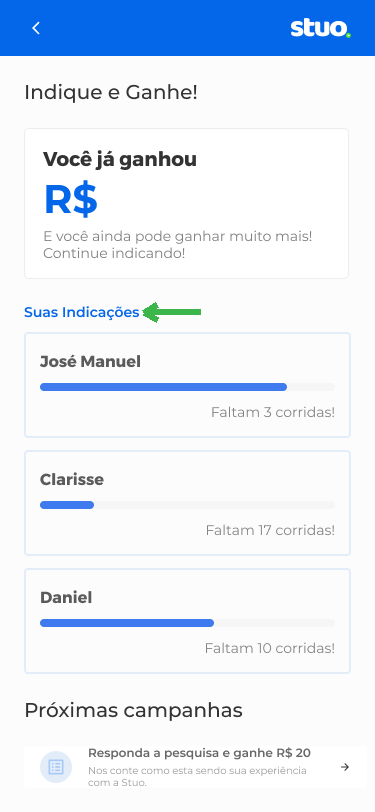 Tela de acompanhamento das indicações