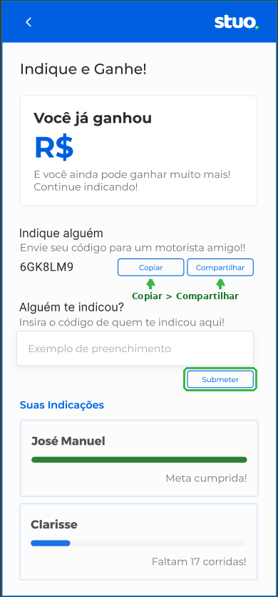 Tela Indique e Ganhe com campo Alguém te indicou